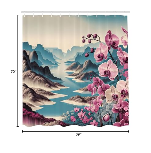 Ambesonne Lake Shower Curtain, Panoramic Spring Landscape Earthy Cliffs And Mountains With Orchids, Cloth Fabric Bathroom Decor
